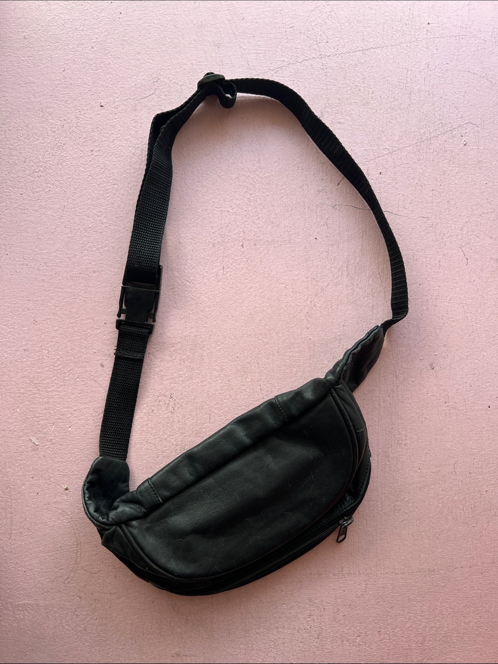 90s vintage Black Leather Waist Bag - Classic Men's Crossbody buckle bag